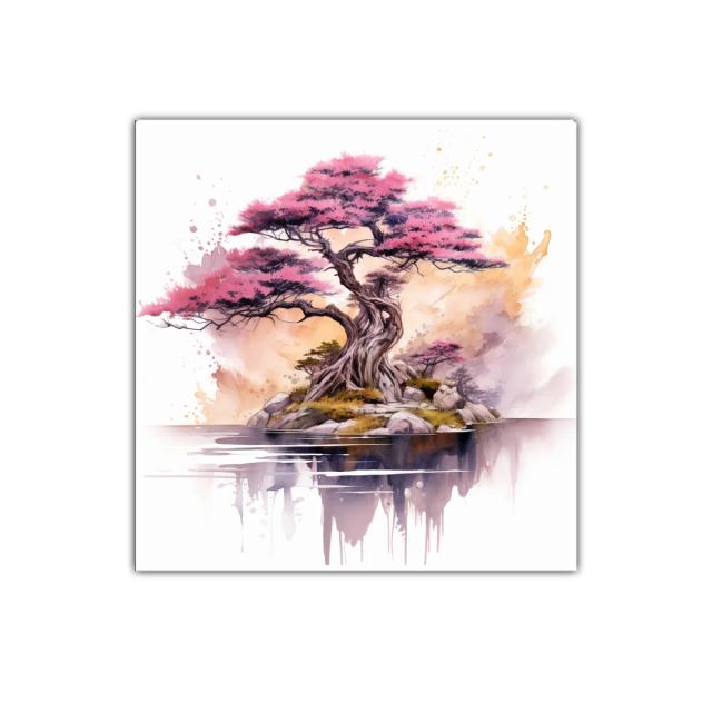 Árbol de Sakura en Isla con Reflejo y Toques Acuarelados