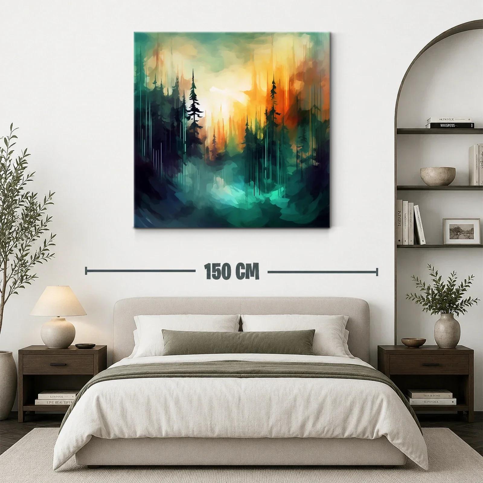 Bosque abstracto al amanecer con luces vibrantes y contraste — miniatura 3