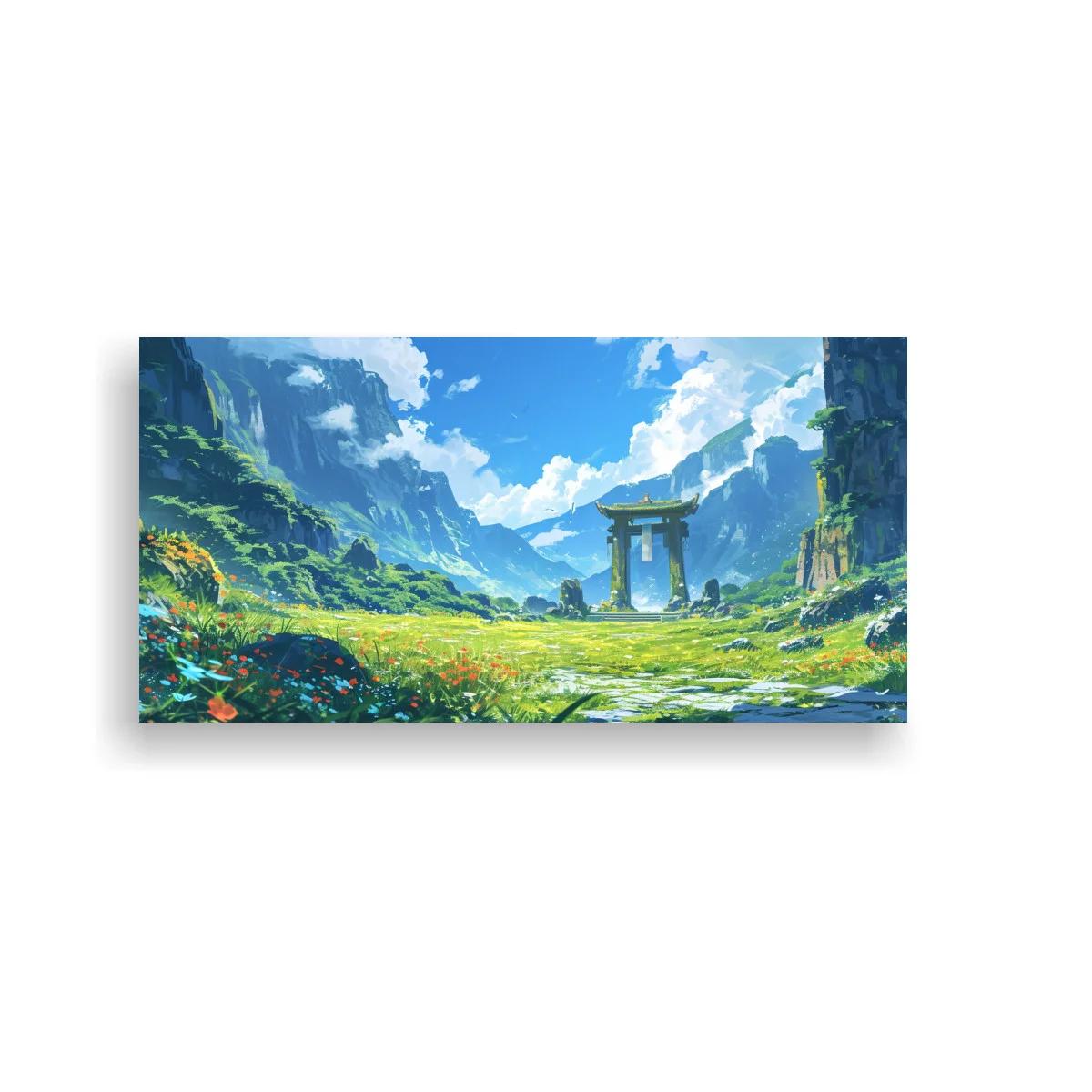 Cuadro torii de piedra en valle de montaña