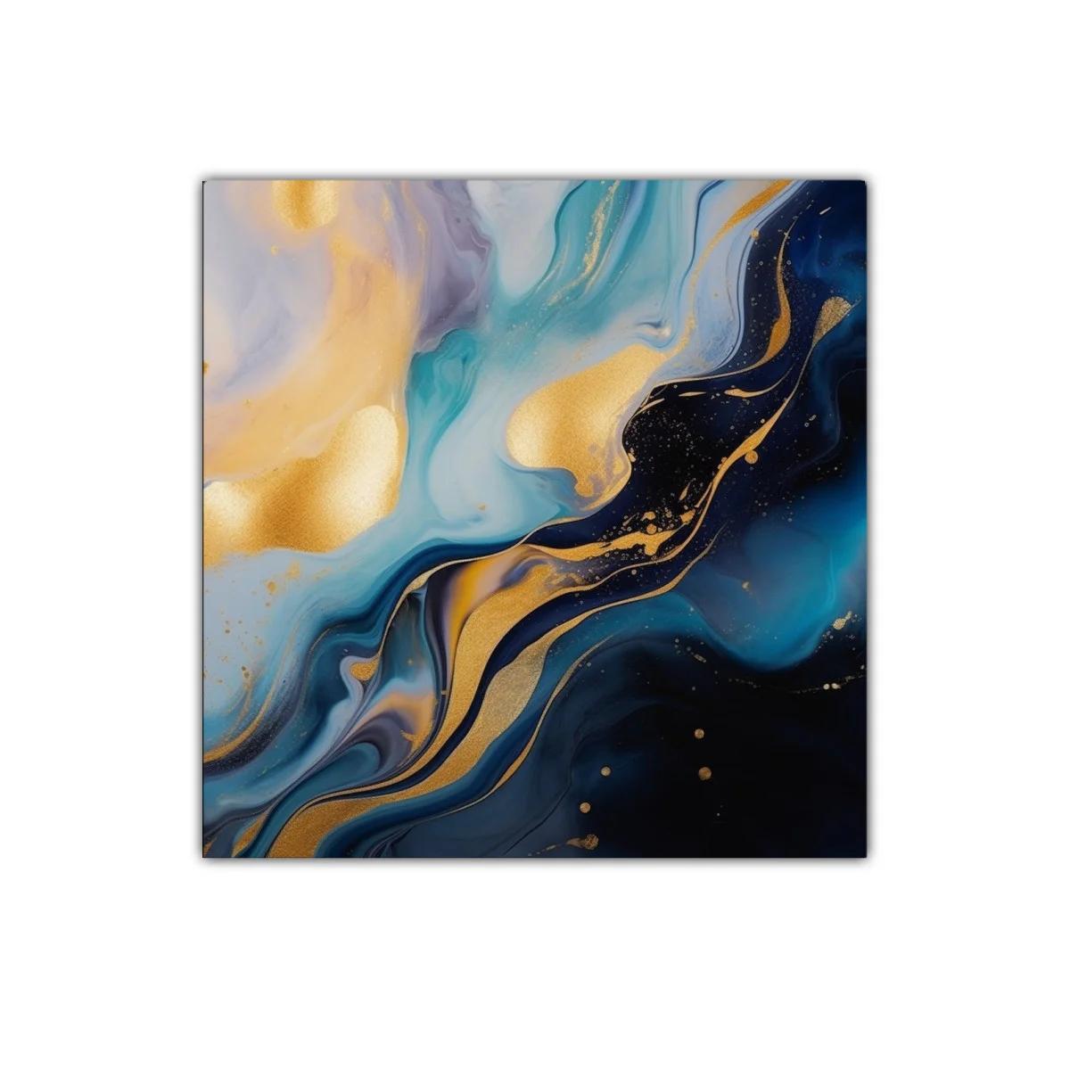 Cuadro abstracto con tonos dorados y azules intensos