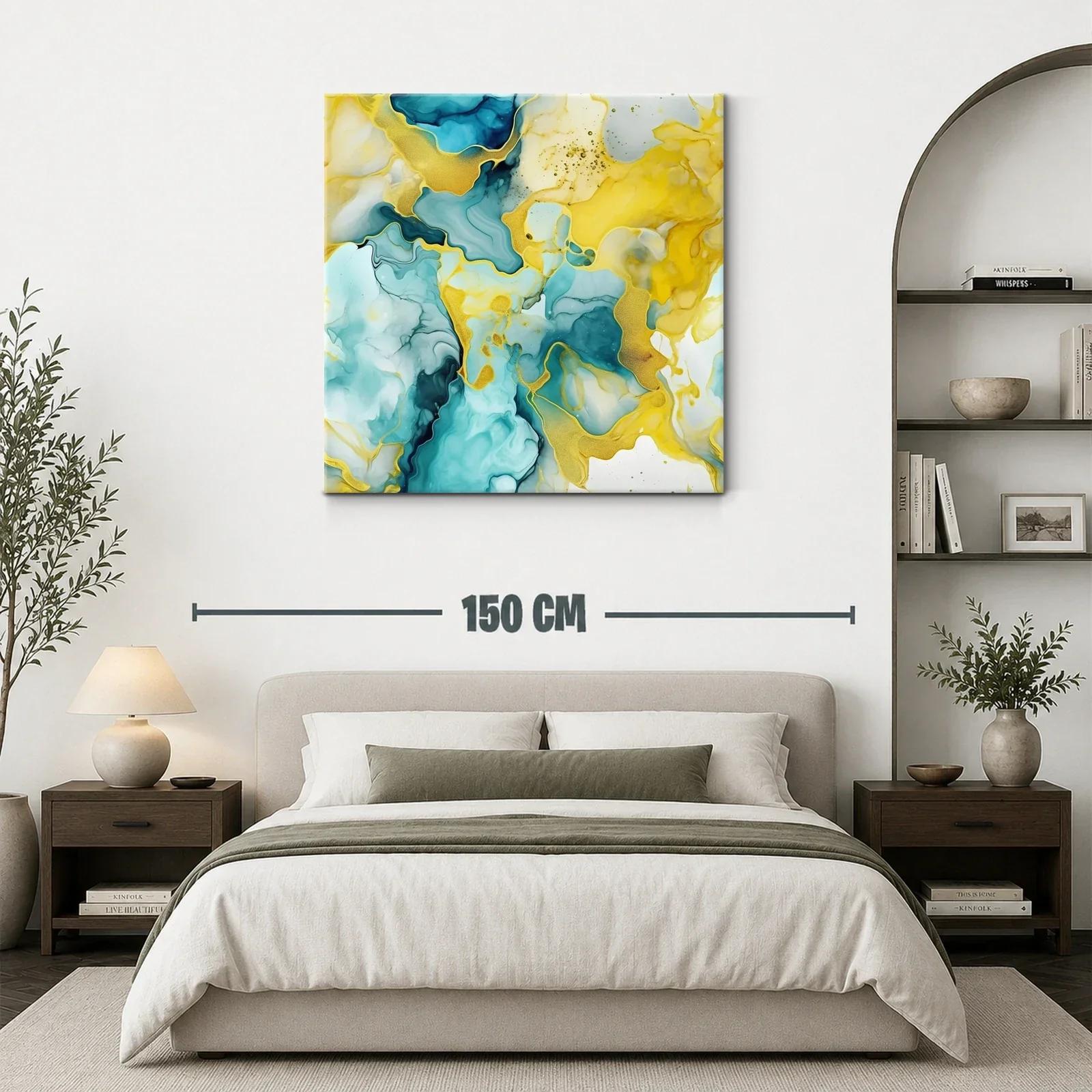 Cuadro abstracto con tonos turquesa y dorados vibrantes — miniatura 3