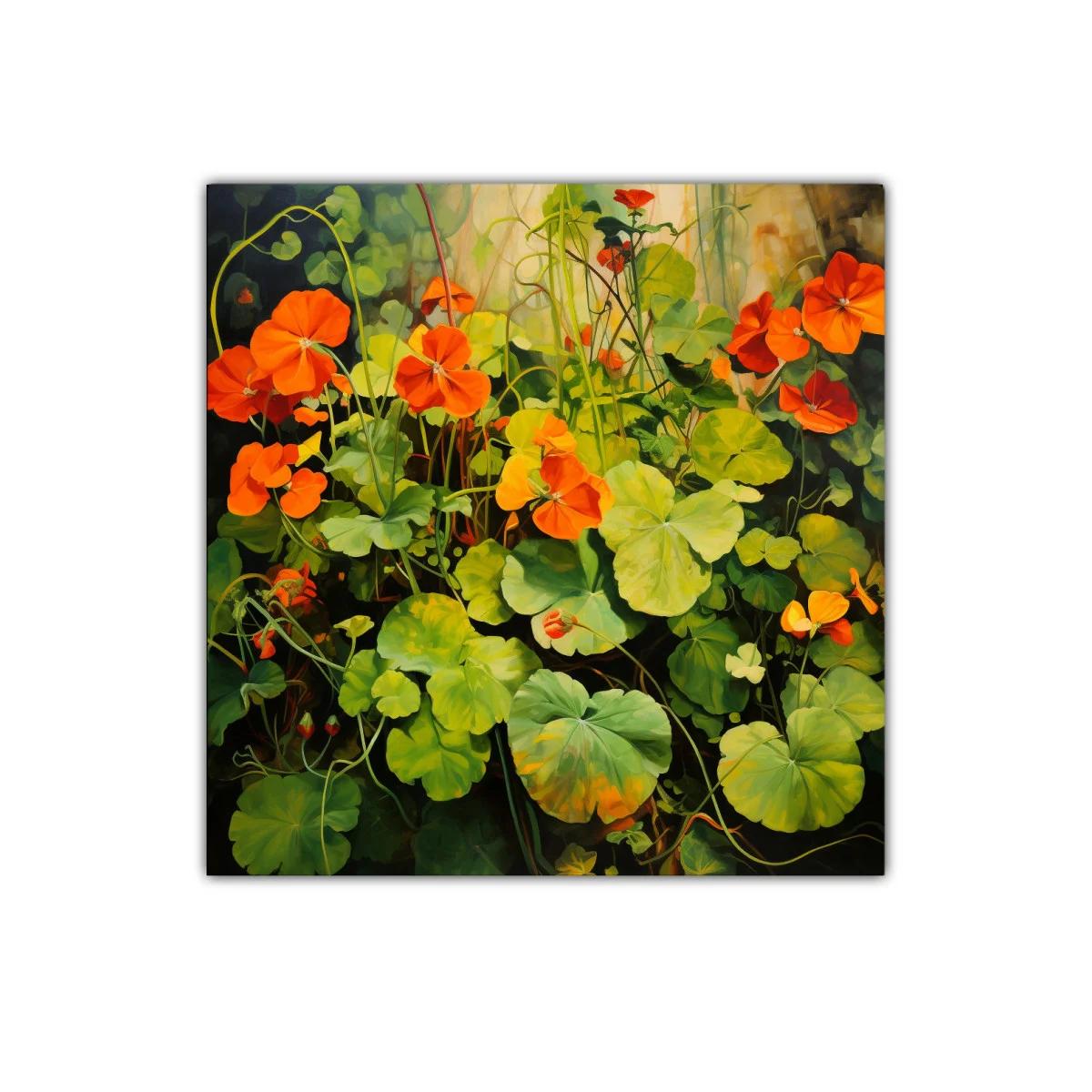 Cuadro decorativo flores en tonos verdes y naranjas vibrantes