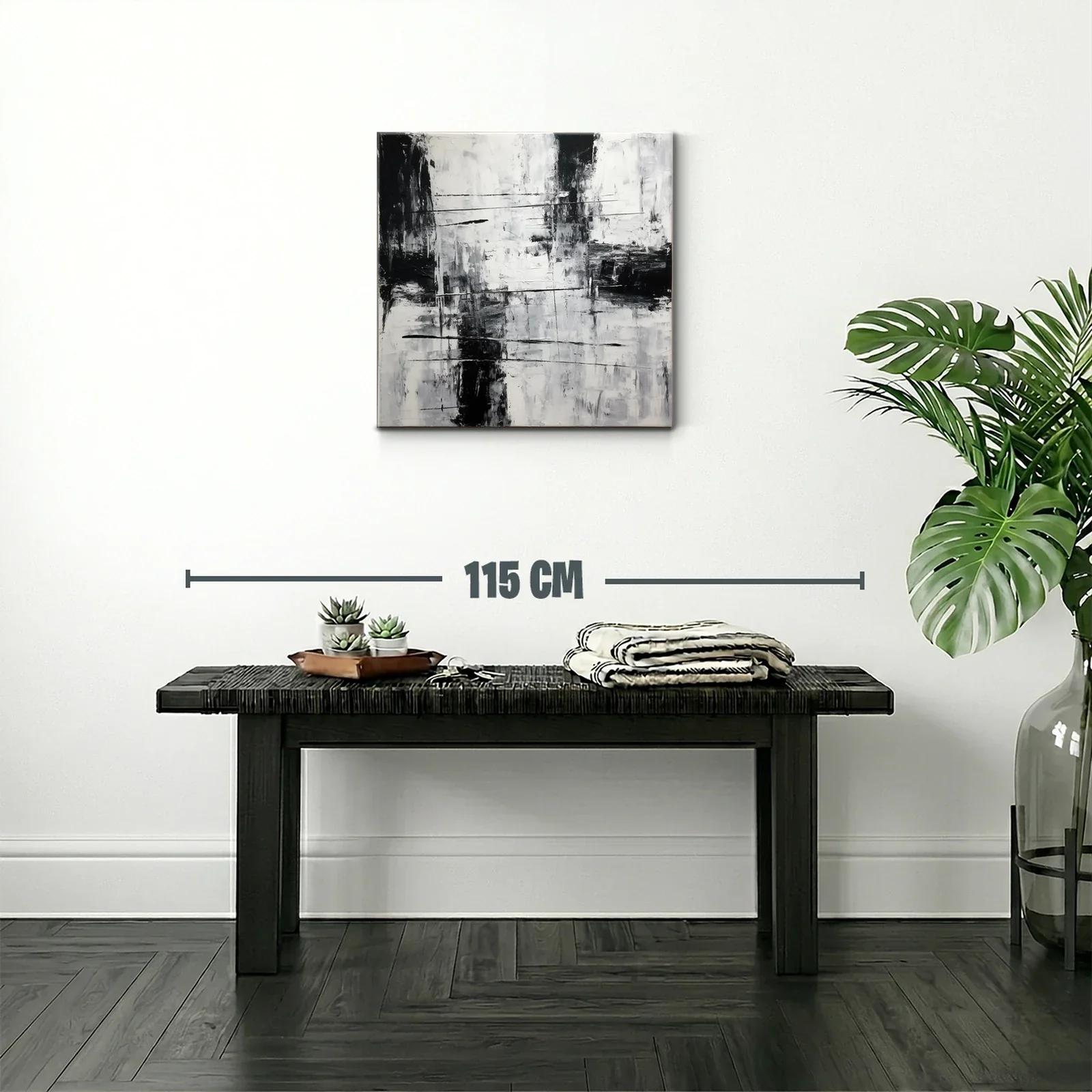 Cuadro abstracto en blanco y negro con textura y líneas dinámicas — miniatura 2