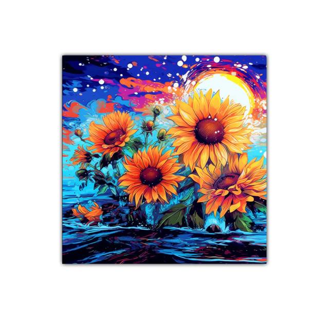 Cuadro vibrante de girasoles con fondo azul y naranja