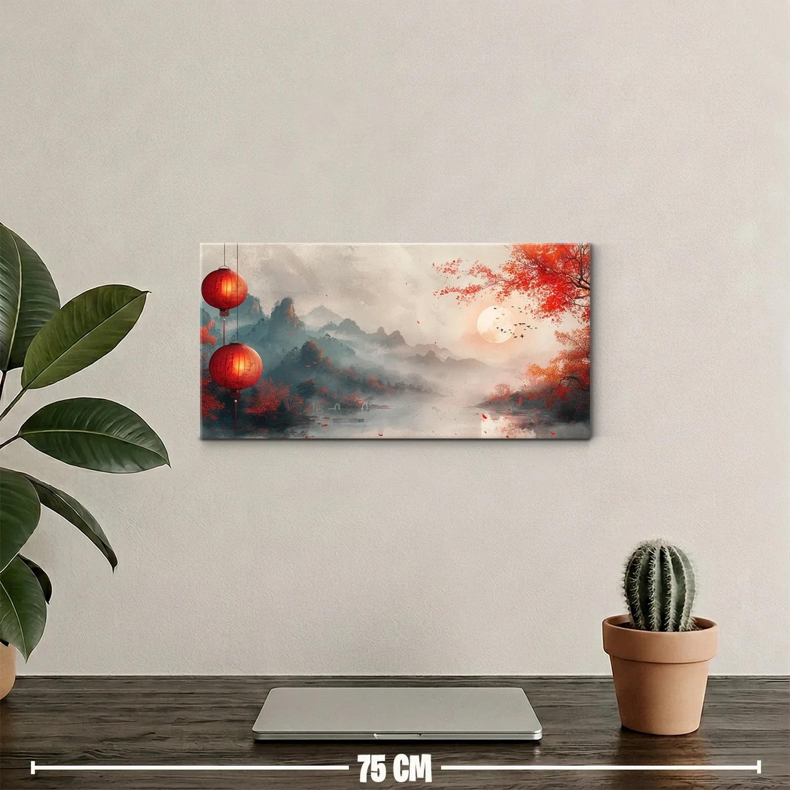 Cuadro paisaje oriental con faroles rojos y árbol rojizo — miniatura 2