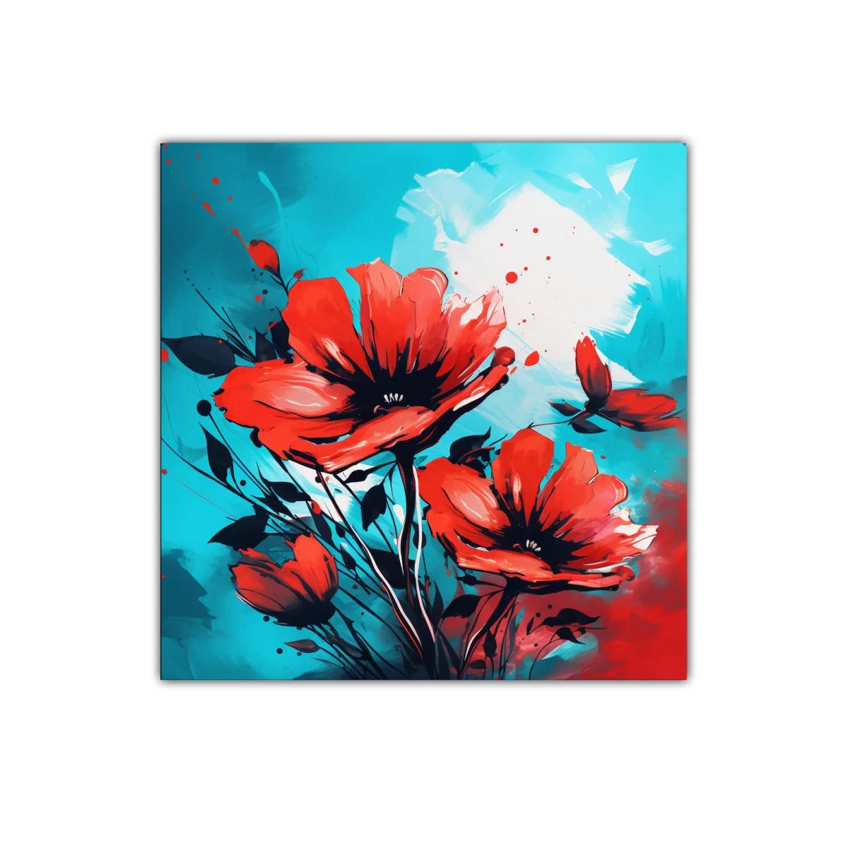 Cuadro decorativo con flores rojas sobre fondo azul vibrante — imagen principal