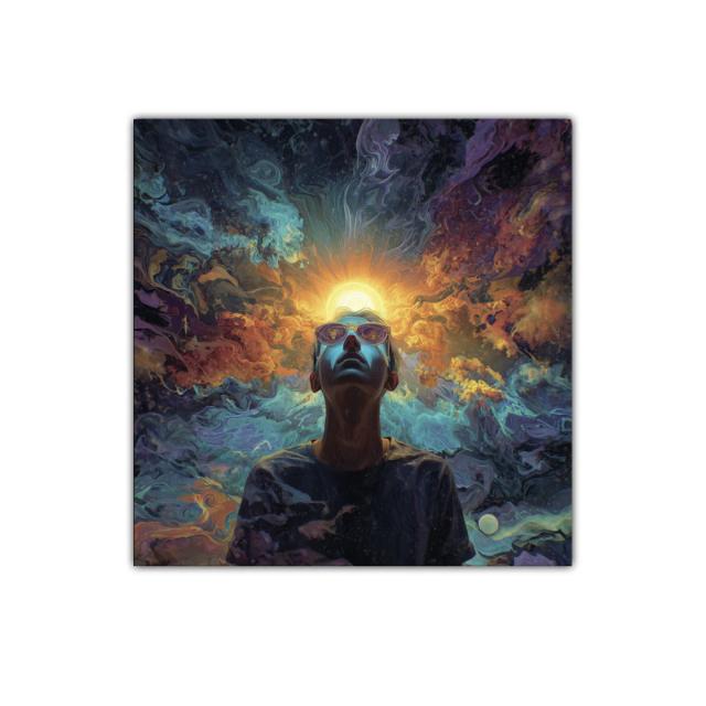 Retrato surrealista con halo de luz y cielo cósmico colorido