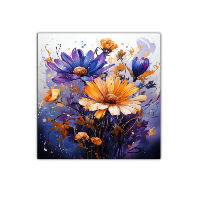 Flores vibrantes en tonos naranja y morado con fondo difuminado