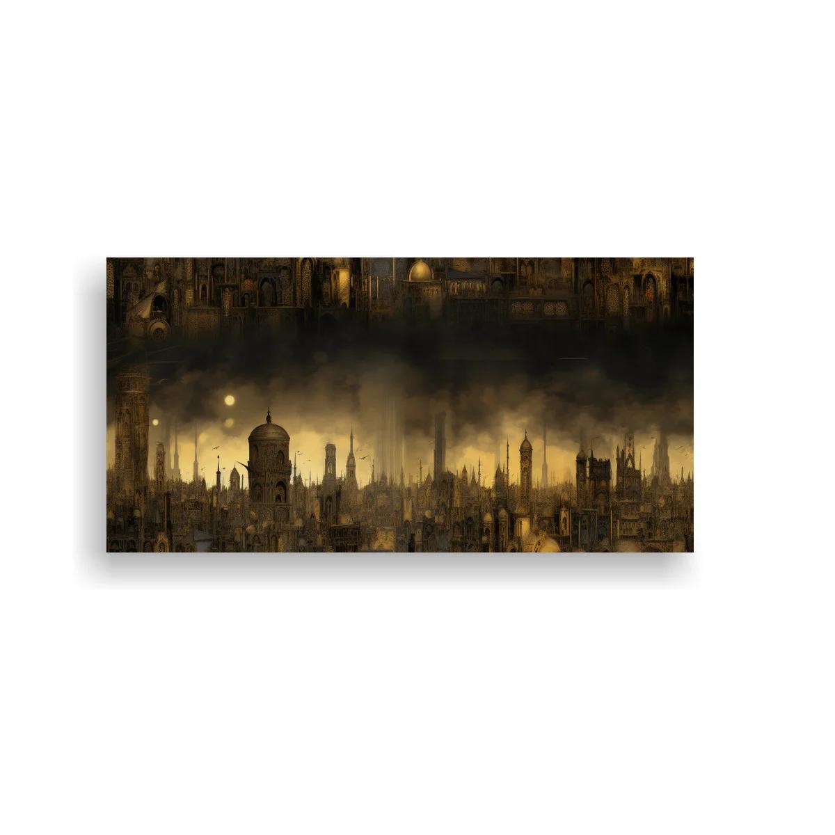 Cuadro ciudad industrial fantástica con bruma y luces cálidas