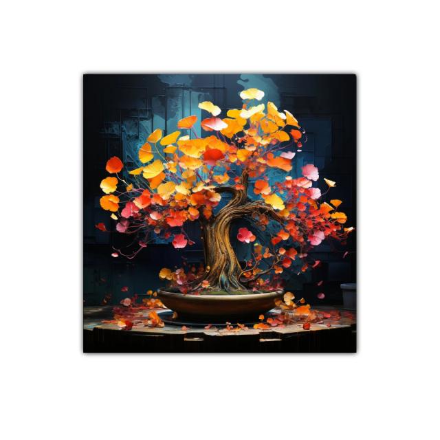 Árbol ornamental de hojas coloridas en ambiente oscuro
