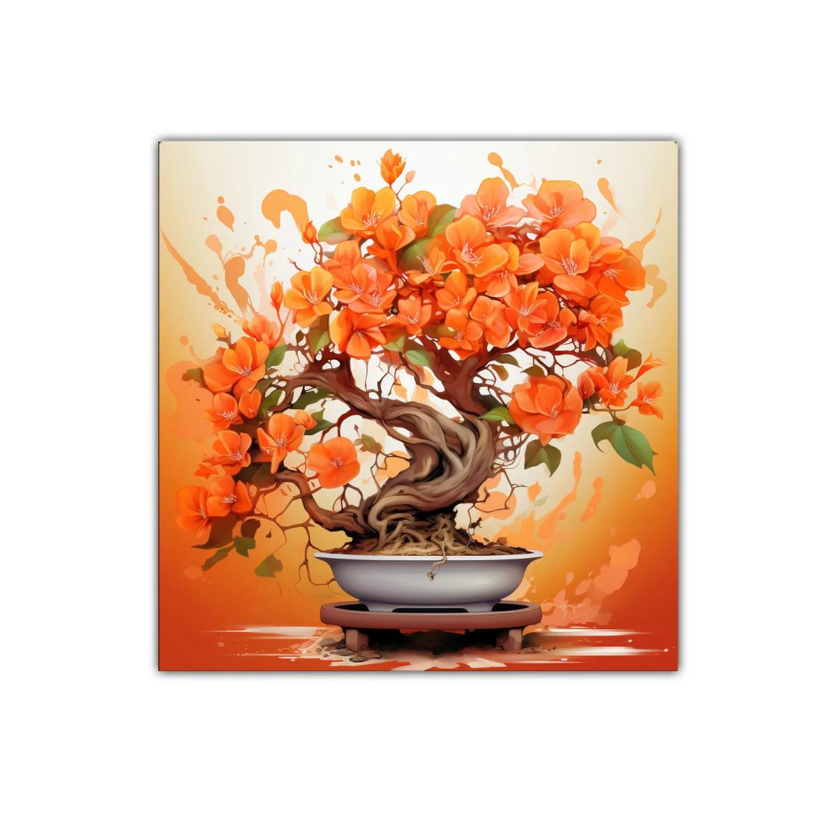 Bonsái en flor con vibrantes tonos naranja y forma elegante