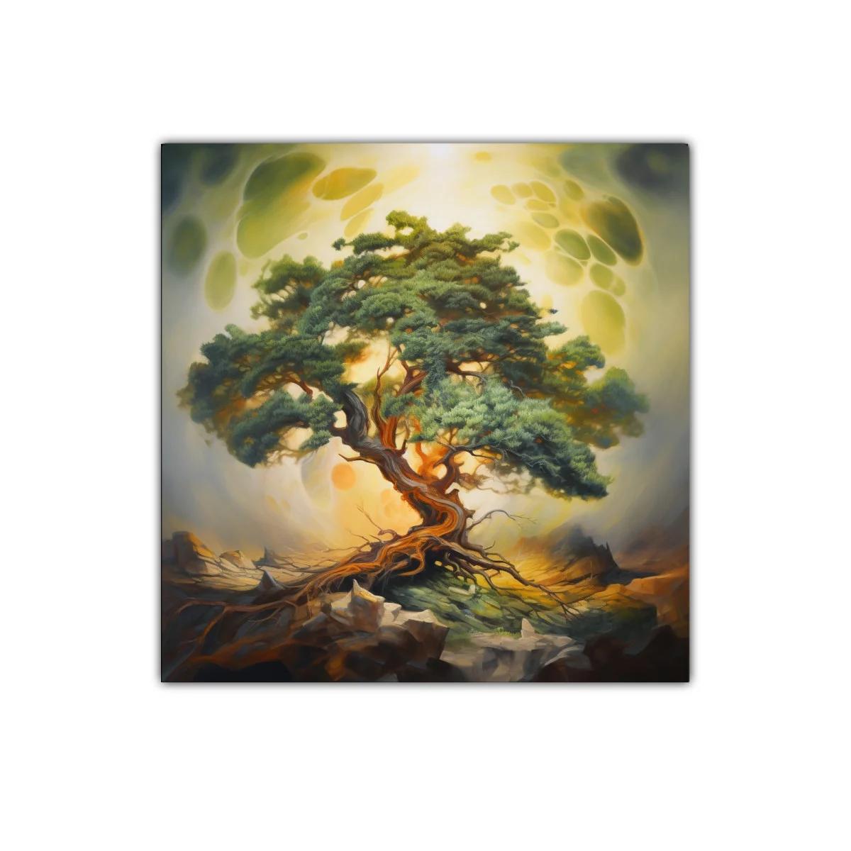 Árbol solitario con raíces entrelazadas y luz dorada — imagen principal