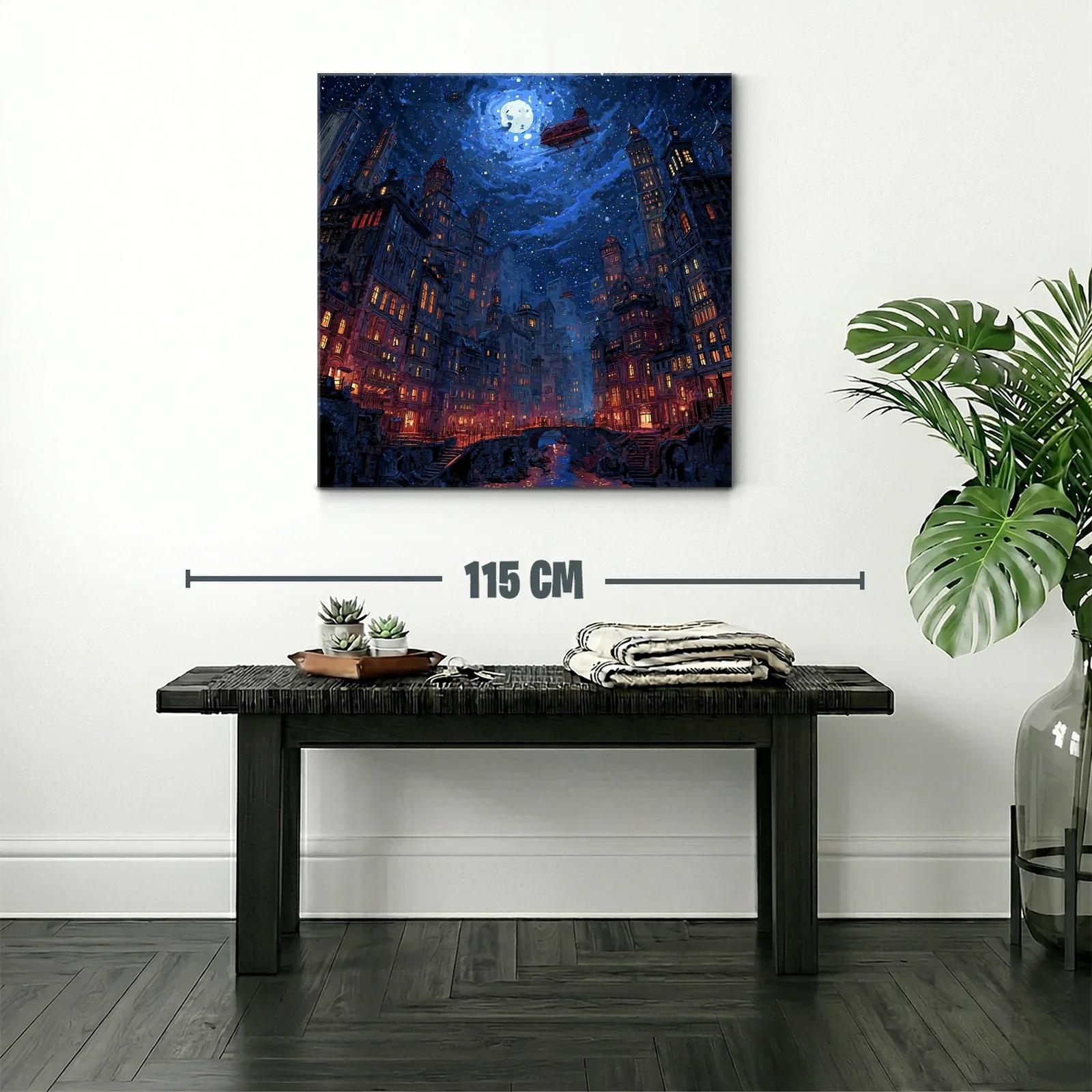 Ciudad nocturna bajo un cielo estrellado y luna llena — miniatura 2