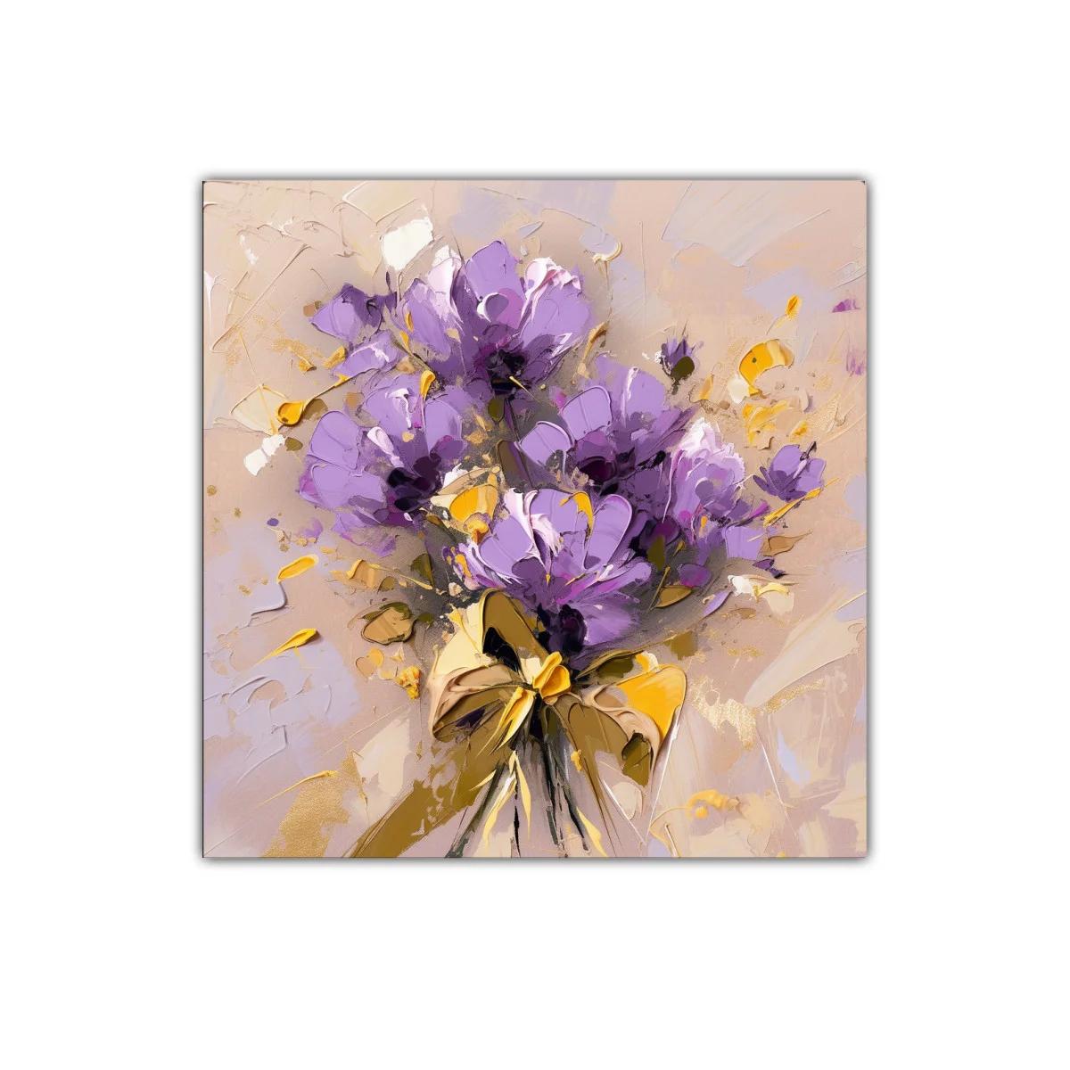 Cuadro decorativo bouquet floral en tonos lavanda y dorado