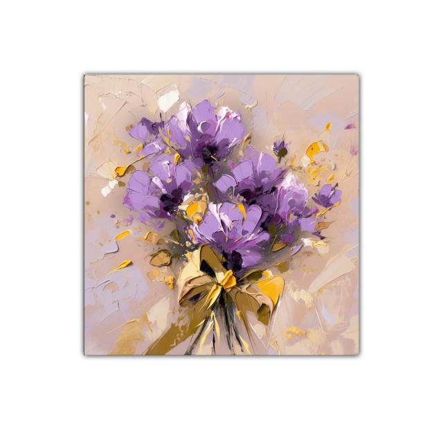 Cuadro decorativo bouquet floral en tonos lavanda y dorado