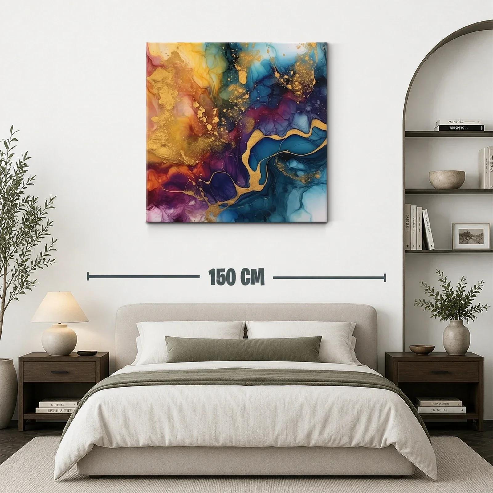 Cuadro abstracto con tonos dorados y azulados vibrantes — miniatura 3