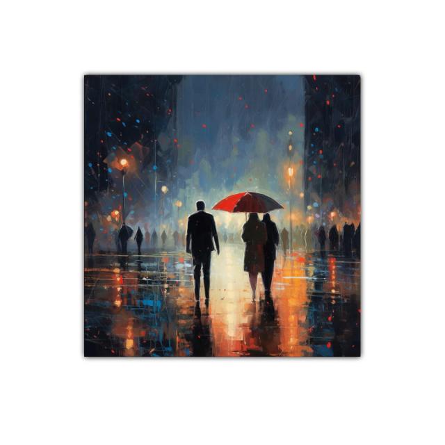 Escena romántica nocturna con paraguas rojo