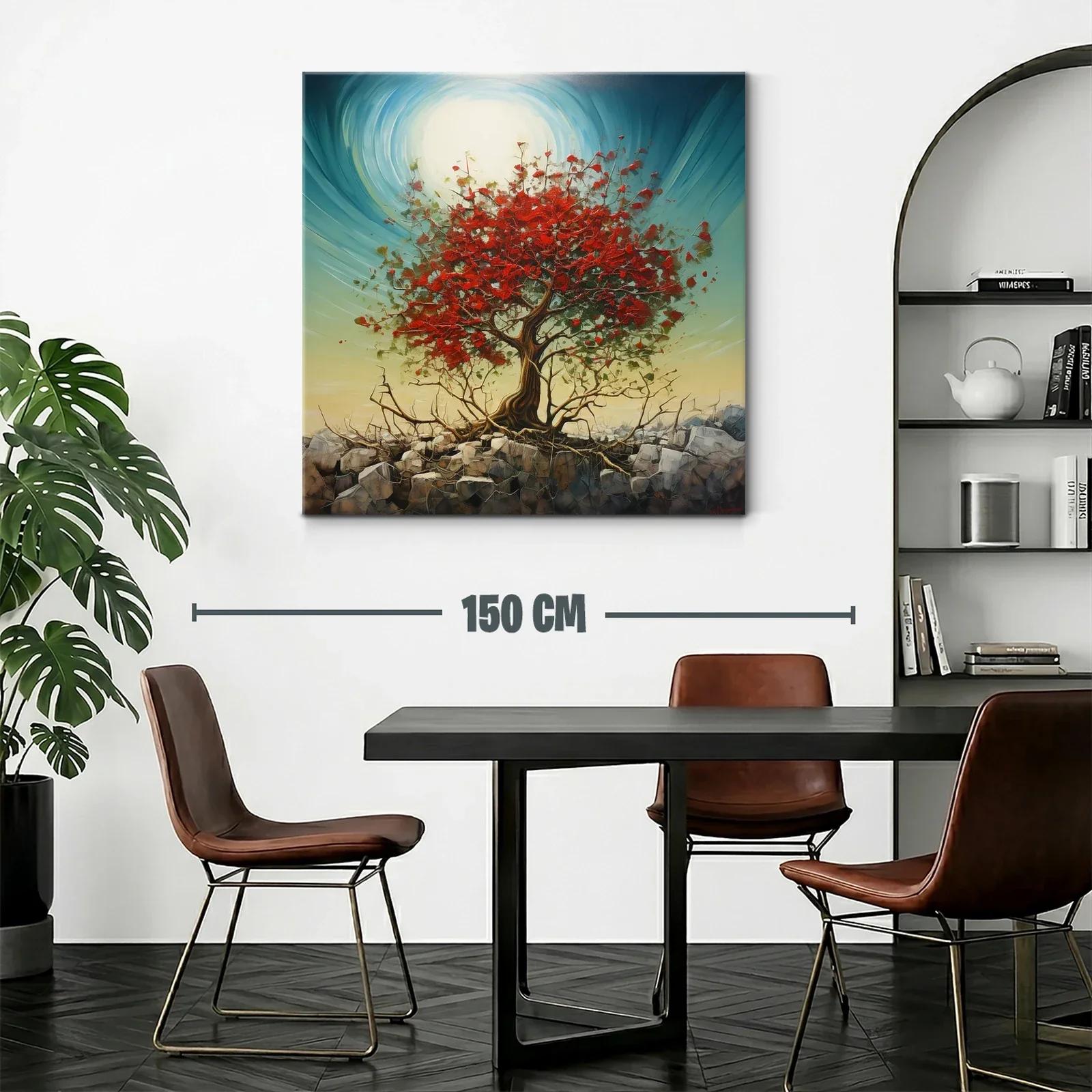 Árbol rojo vibrante sobre rocas con cielo luminoso — miniatura 2