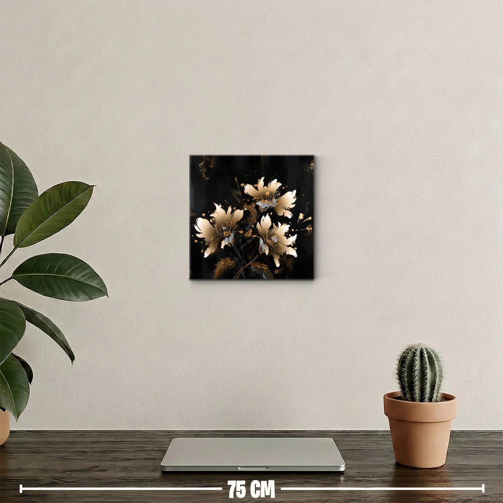 Cuadro elegante con flores doradas sobre fondo negro intenso — miniatura 2