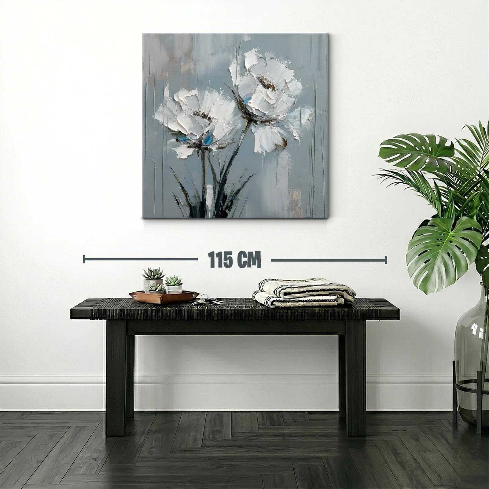 Cuadro moderno con flores blancas sobre fondo gris azulado — miniatura 2