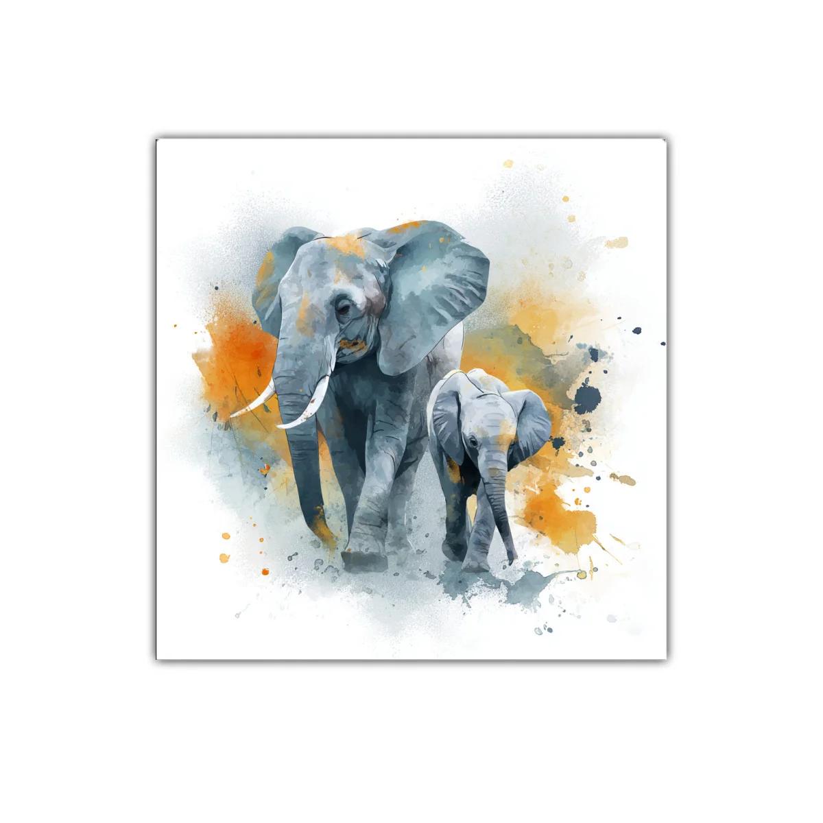 Cuadro decorativo elefantes en tonos azules y naranjas para salón — imagen principal