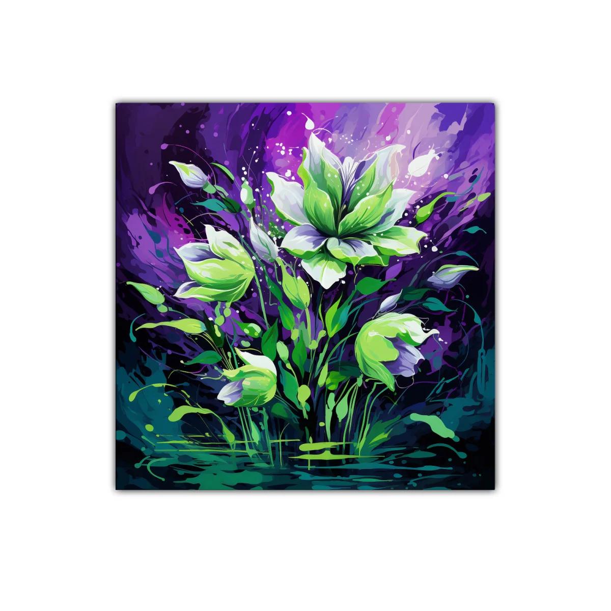 Flores vibrantes en tonos verdes y púrpuras — imagen principal