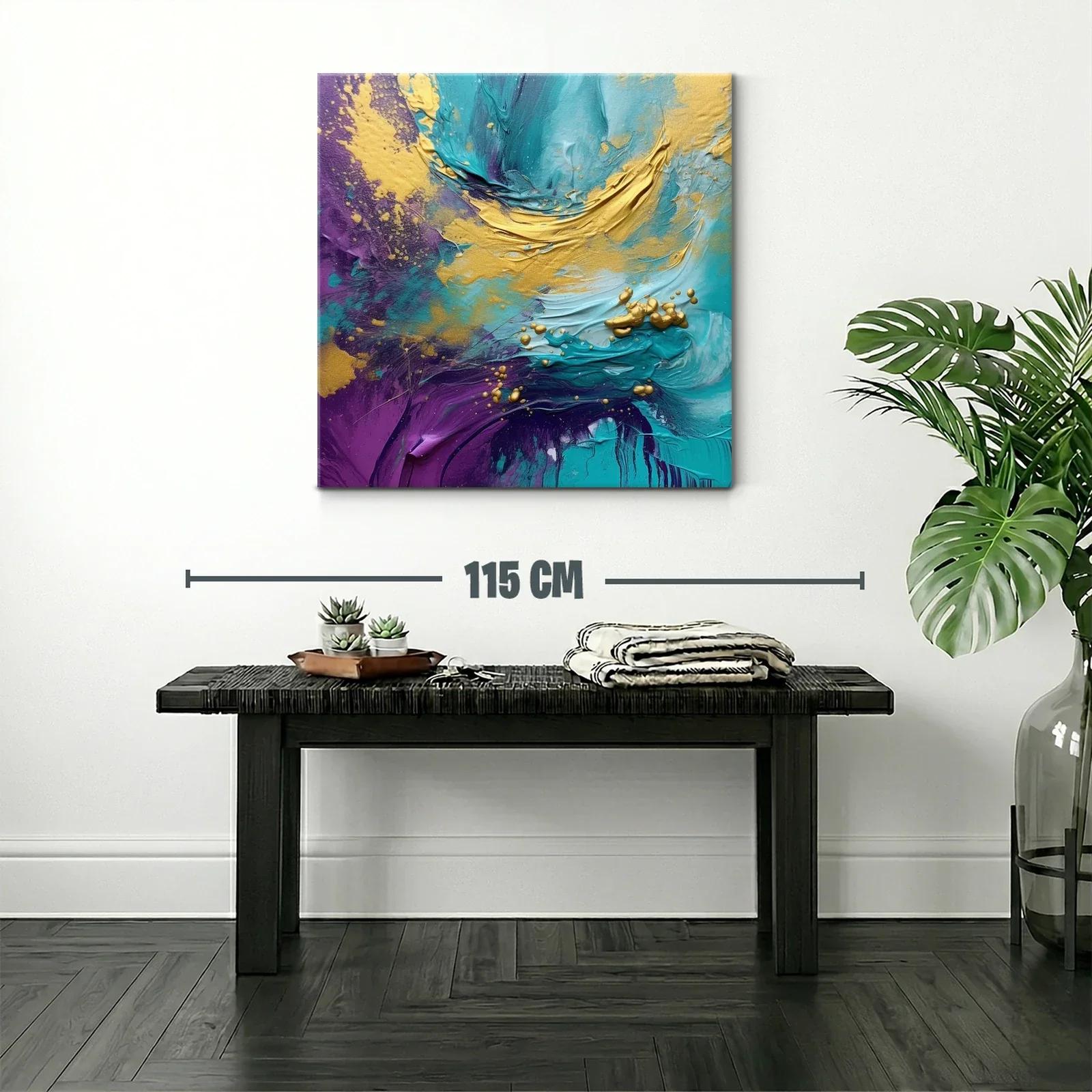 Cuadro abstracto vibrante en tonos turquesa y dorado — miniatura 2
