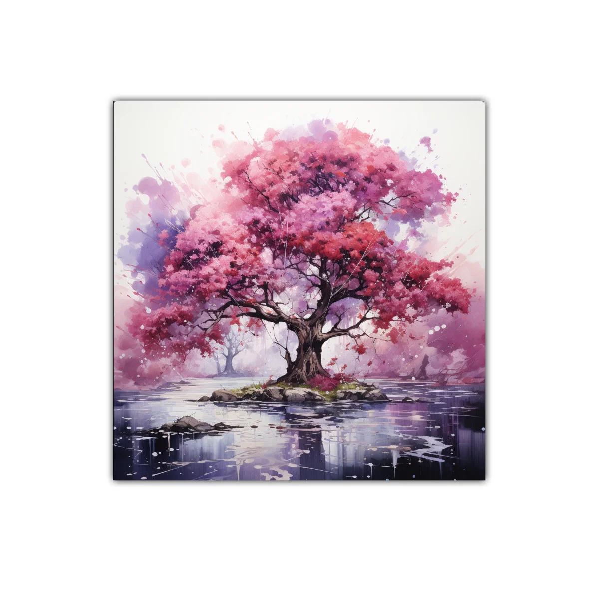 Árbol rosa vibrante sobre isla en lago sereno