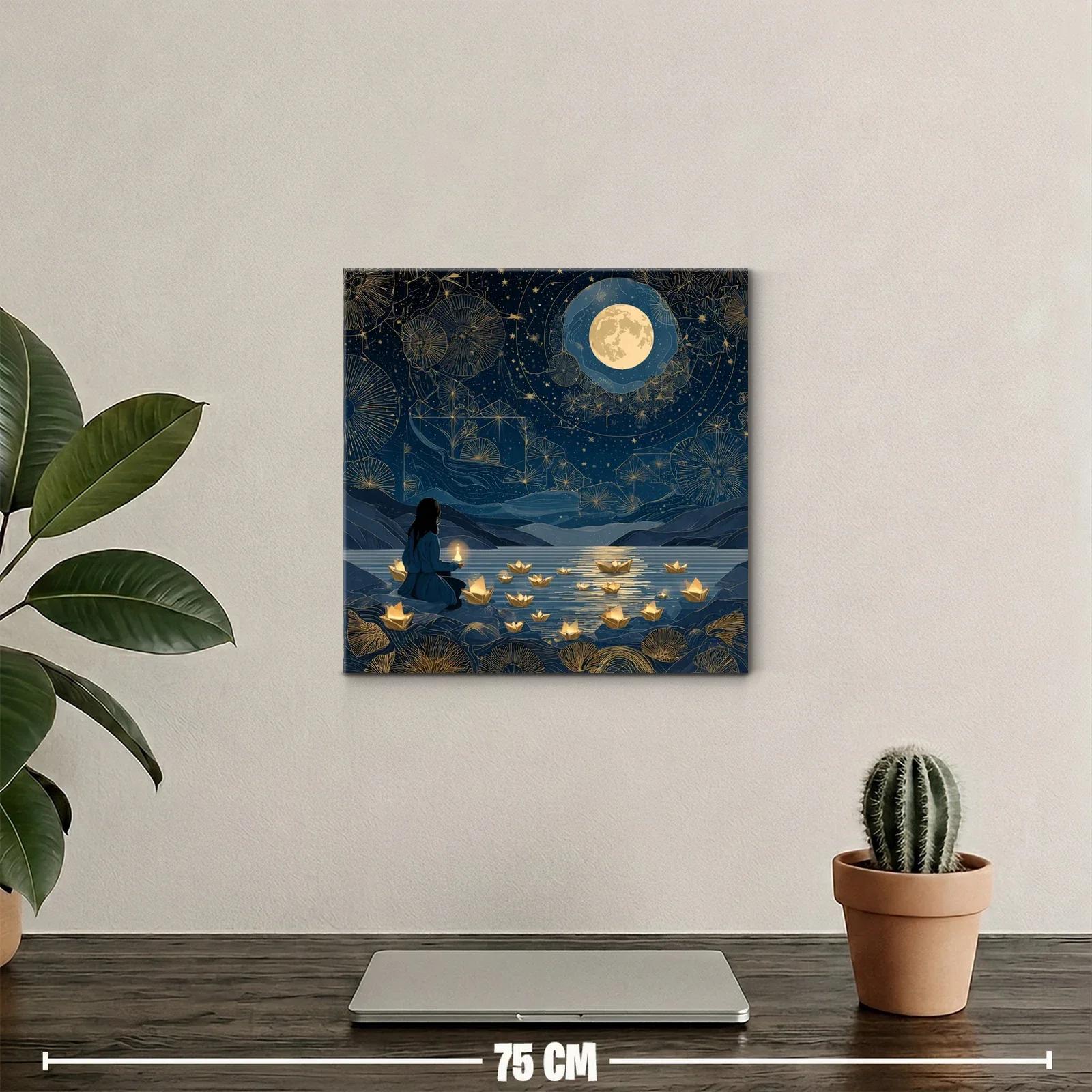 Serenidad Nocturna con Barcos de Luz en Lago Estrellado — miniatura 2