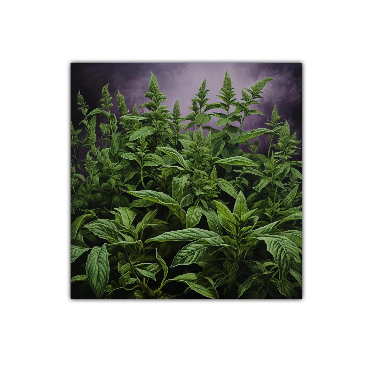 Cuadro decorativo de hojas verdes con fondo púrpura