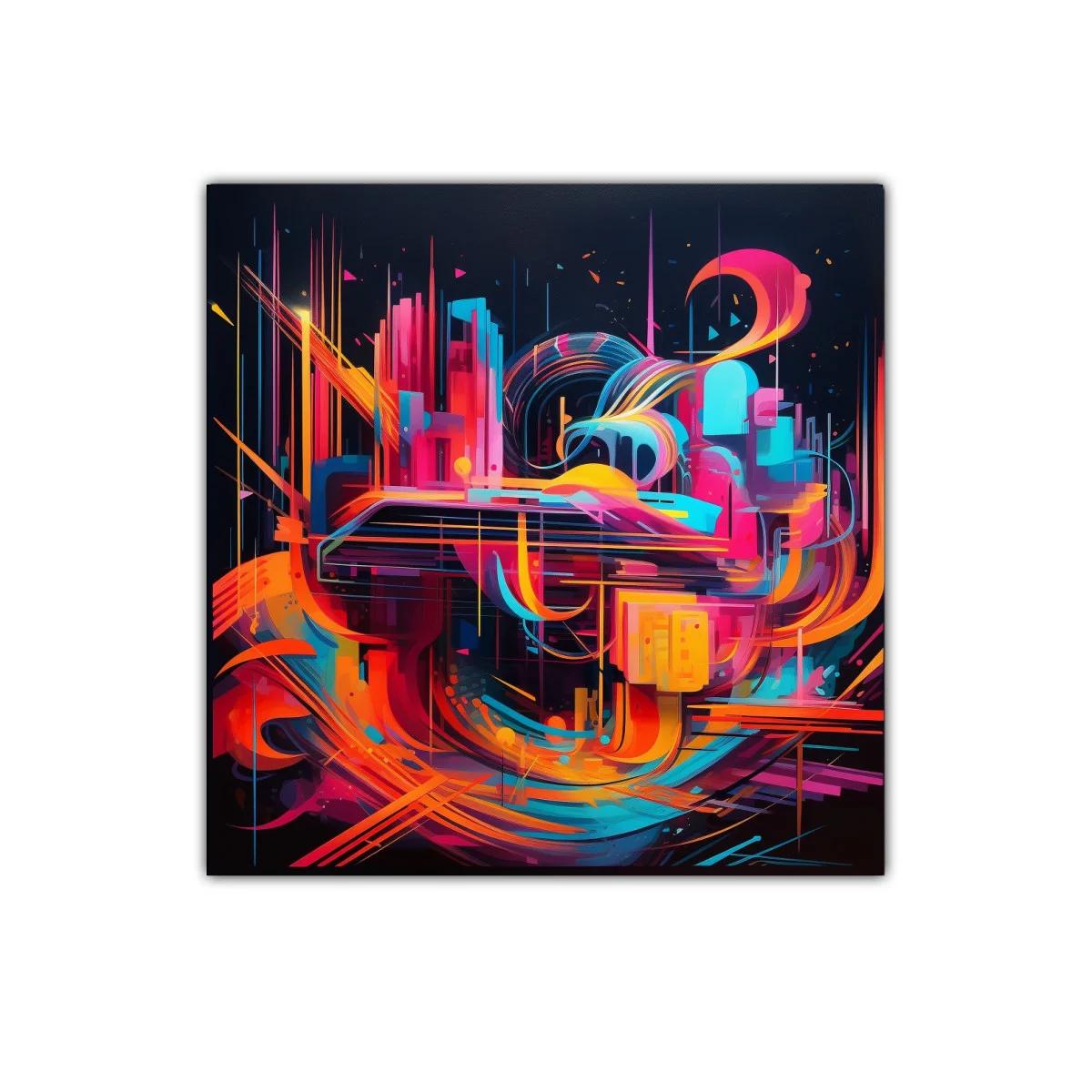 Composición dinámica en colores neón sobre fondo negro — imagen principal