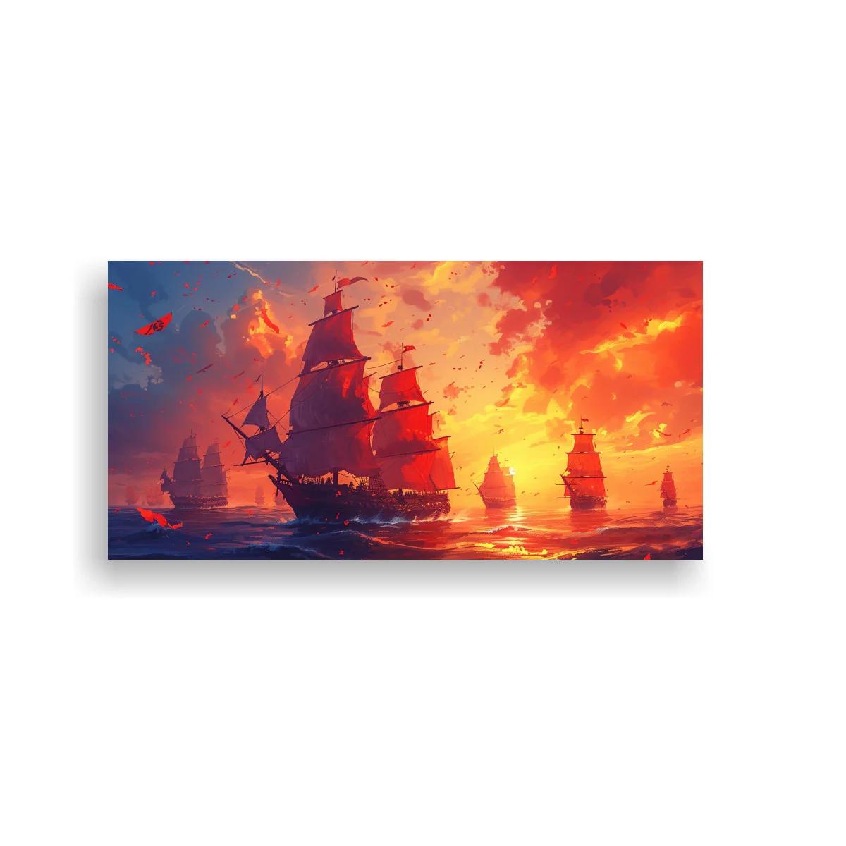 Cuadro velero de tres mástiles con cielo de atardecer — imagen principal
