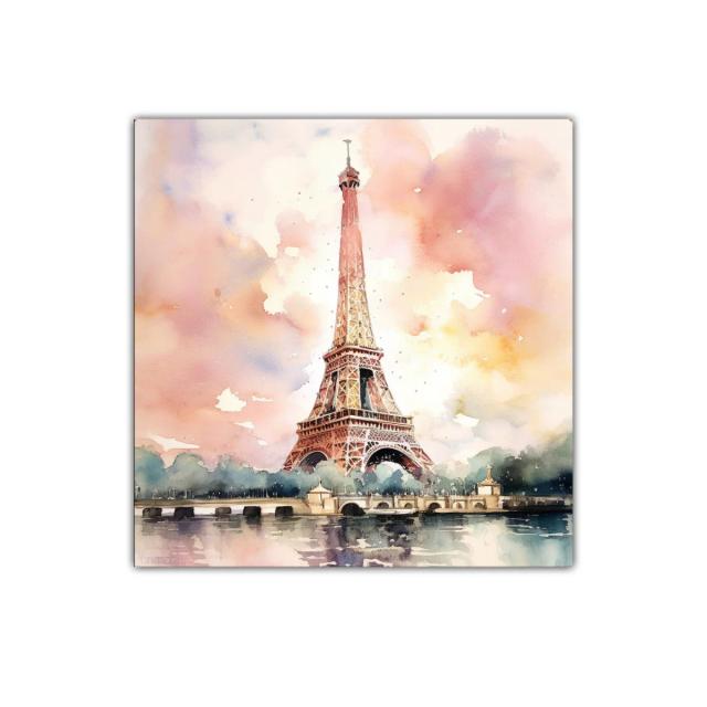 Cuadro decorativo con Torre Eiffel en acuarela rosa y dorado