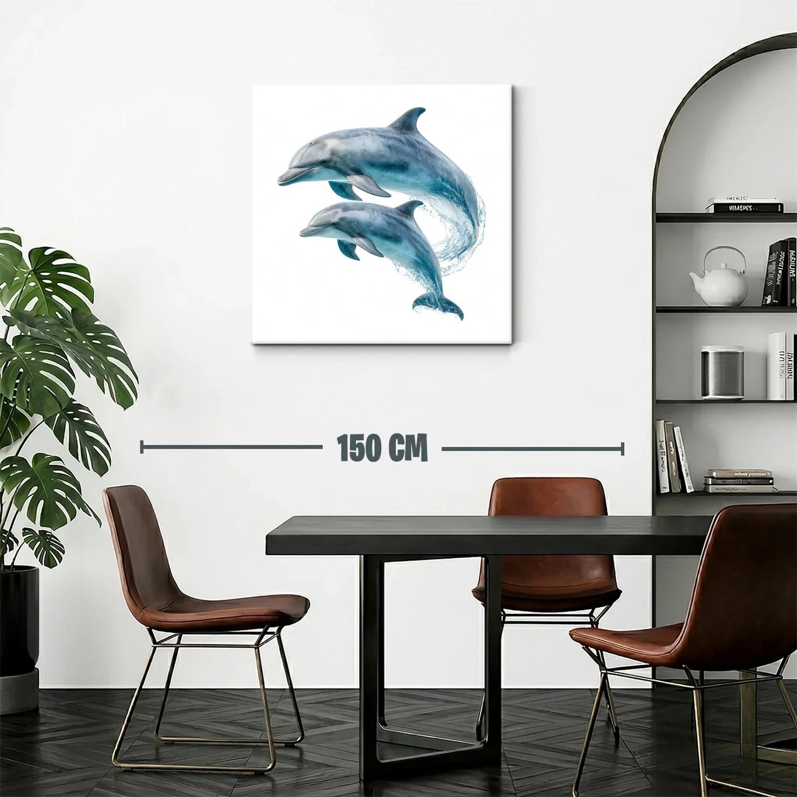 Cuadro de delfines saltando en tonos azules y grises — miniatura 2