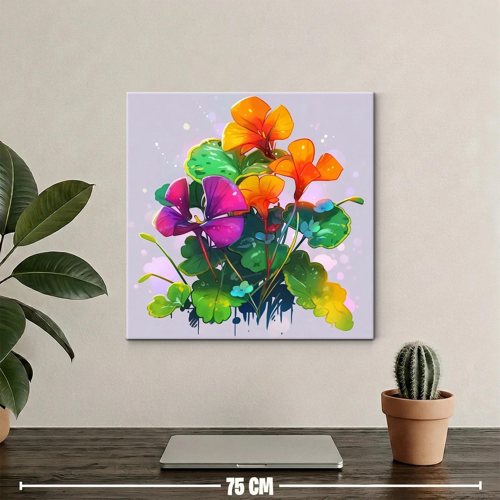 Cuadro floral vibrante con tonos naranjas y púrpuras — miniatura 2