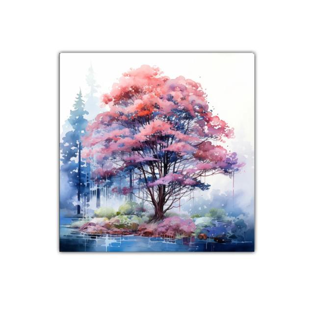 Árbol en tonos rosas y azules con paisaje onírico