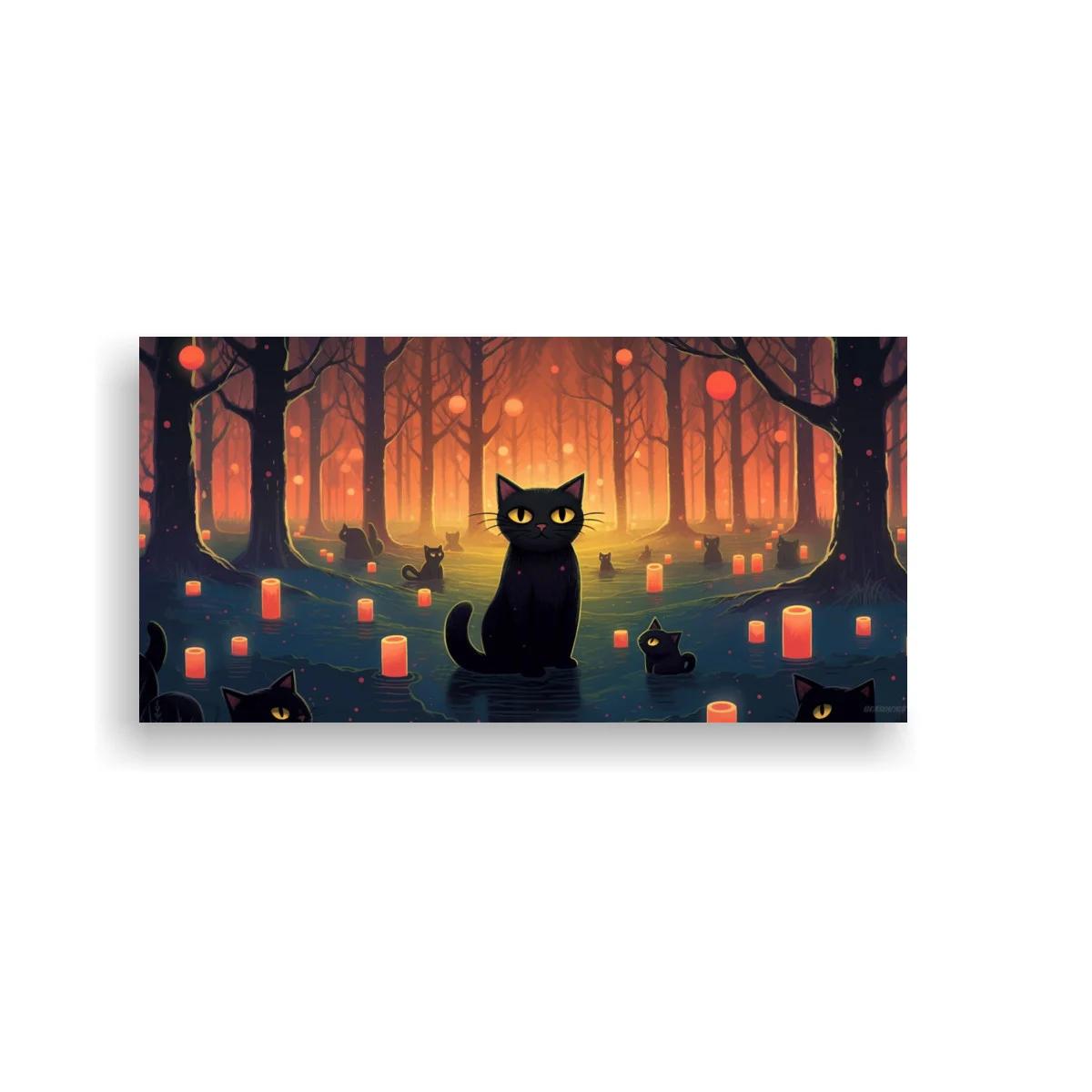 Cuadro gato negro rodeado de velas y árboles en el bosque — imagen principal