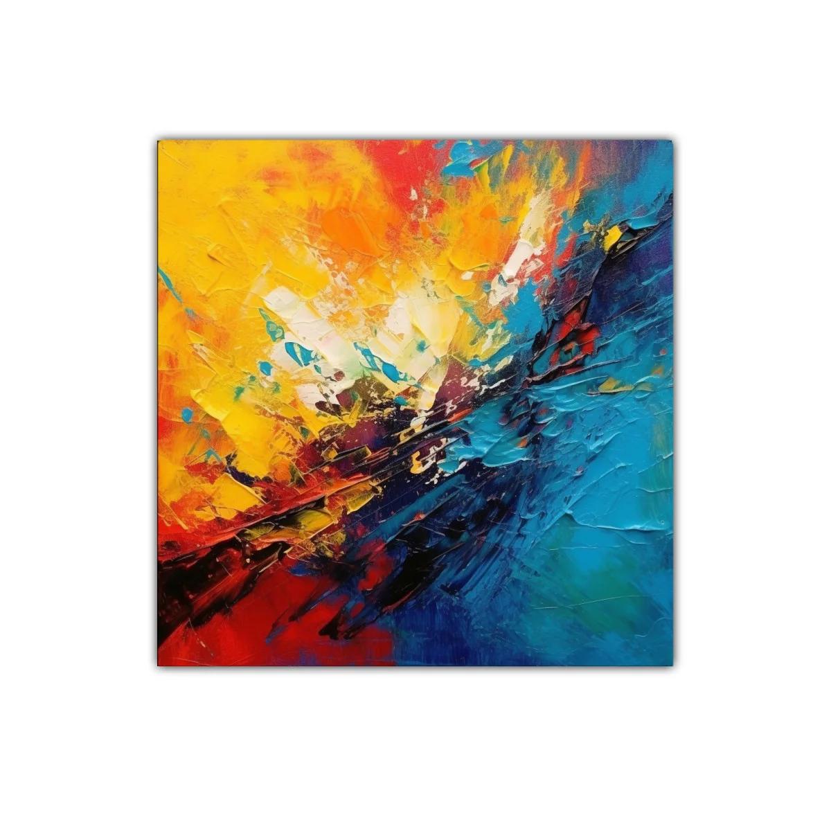 Cuadro abstracto con explosión vibrante de colores cálidos y fríos
