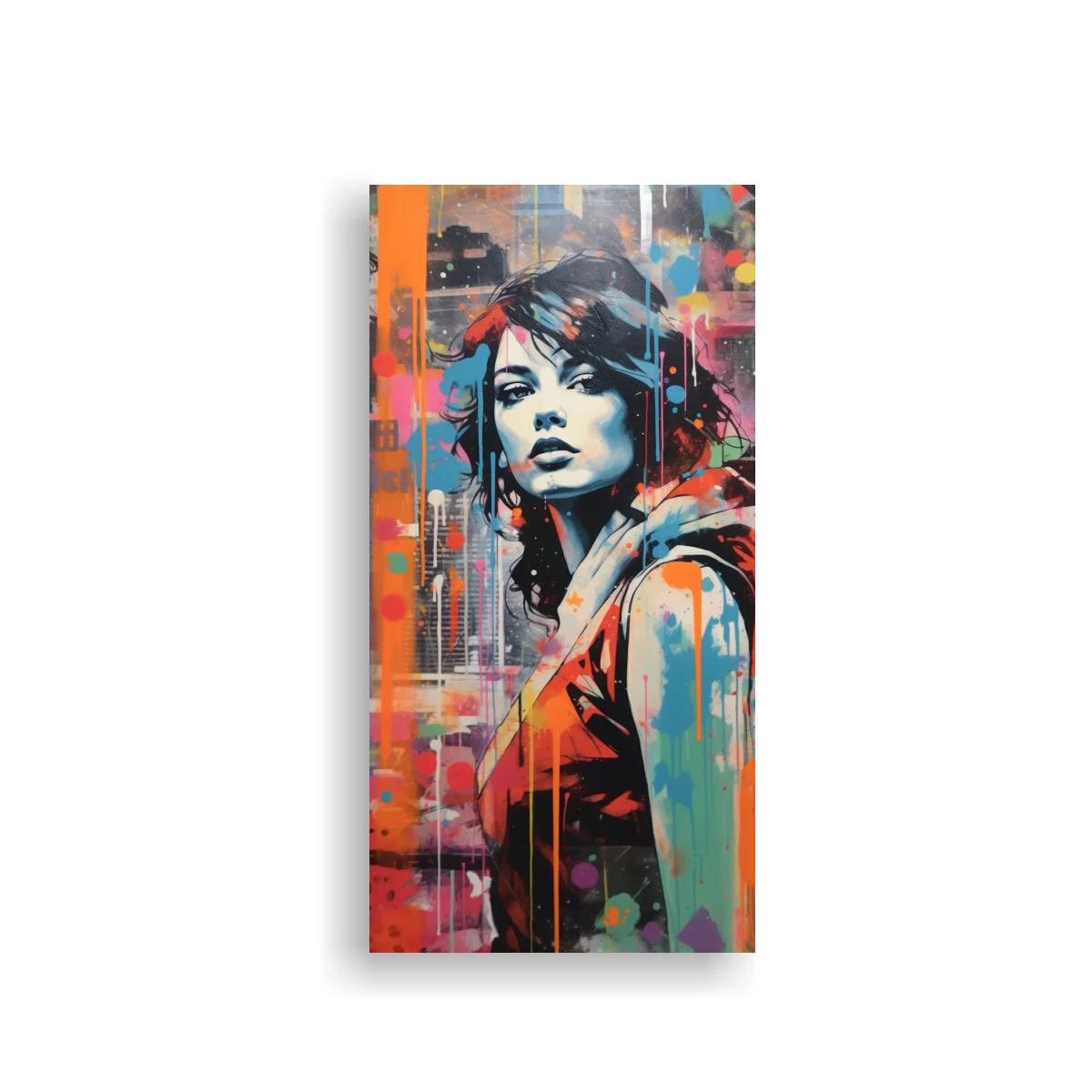Cuadro retrato de mujer joven con skyline y goteos urbanos