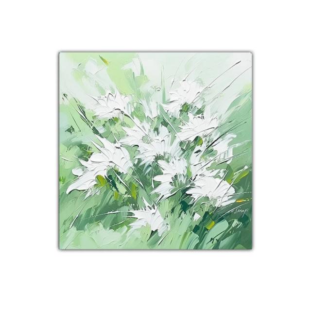 Cuadro decorativo con ramo de flores blancas en verdes suaves