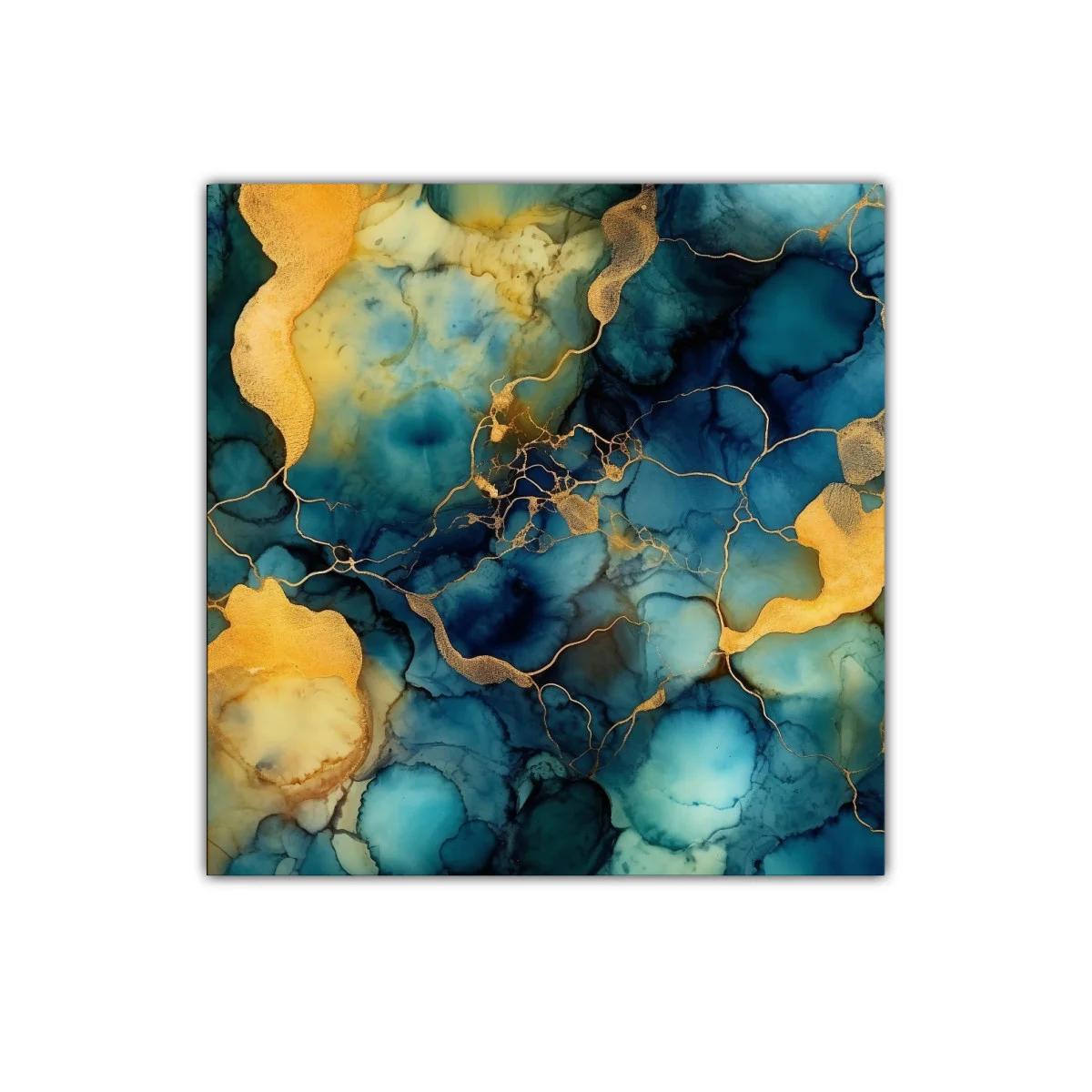 Cuadro abstracto en tonos azules y dorados modernos