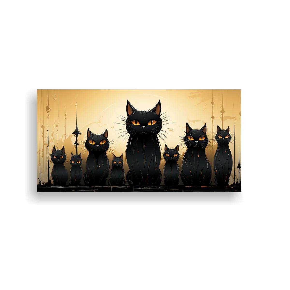 Cuadro grupo de gatos negros con ojos amarillos y fondo urbano — imagen principal