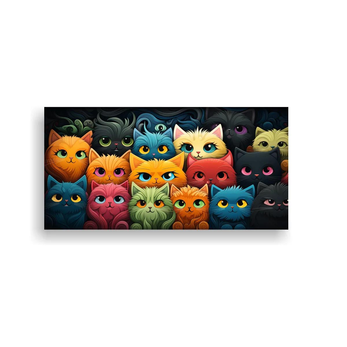 Cuadro grupo de gatos de colores sobre fondo oscuro
