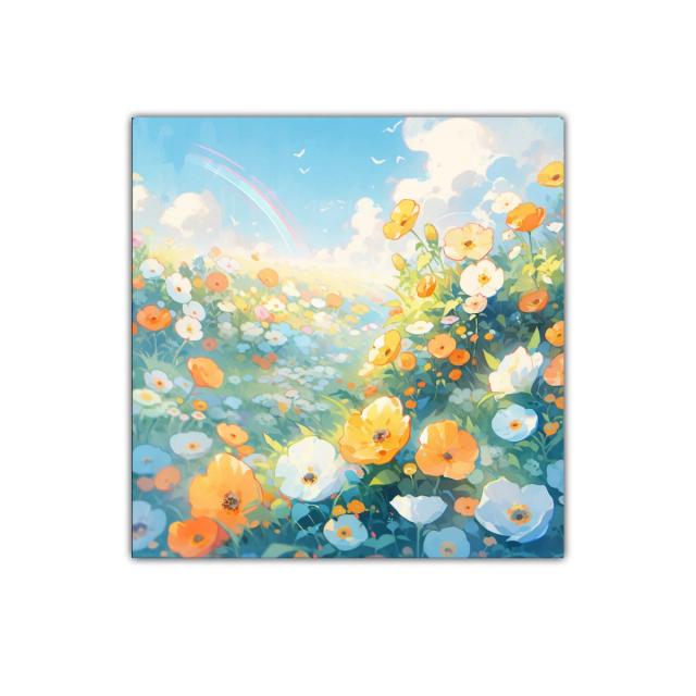 Cuadro paisaje con campo de flores y cielo azul brillante