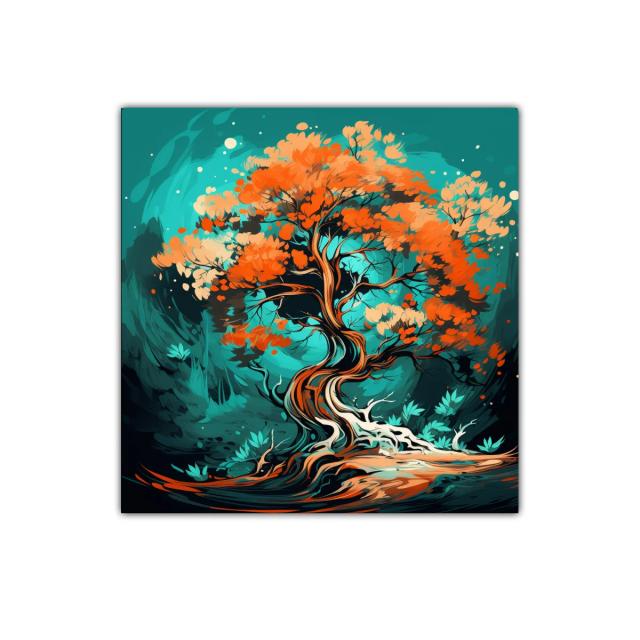 Árbol Abstracto con Hojas en Tonos Cálidos y Fondo Turquesa