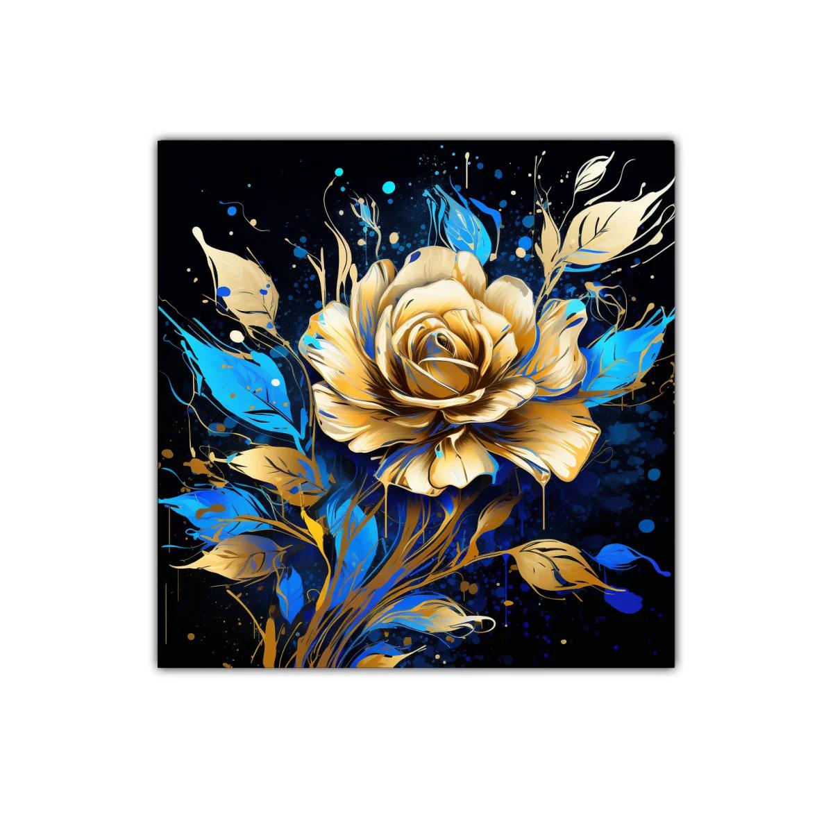 Rosa dorada con hojas azules sobre fondo oscuro