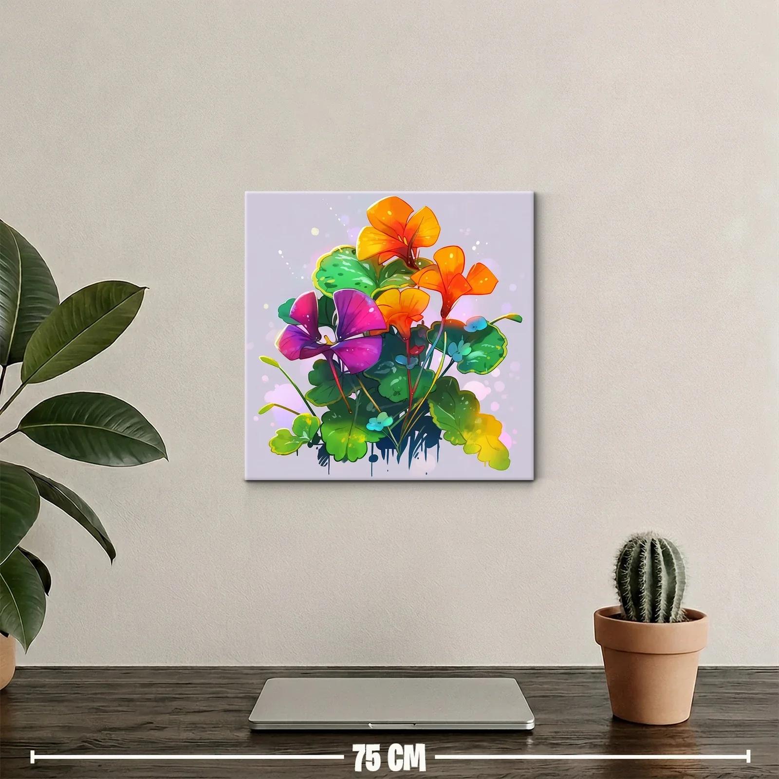 Cuadro floral vibrante con tonos naranjas y púrpuras — miniatura 2