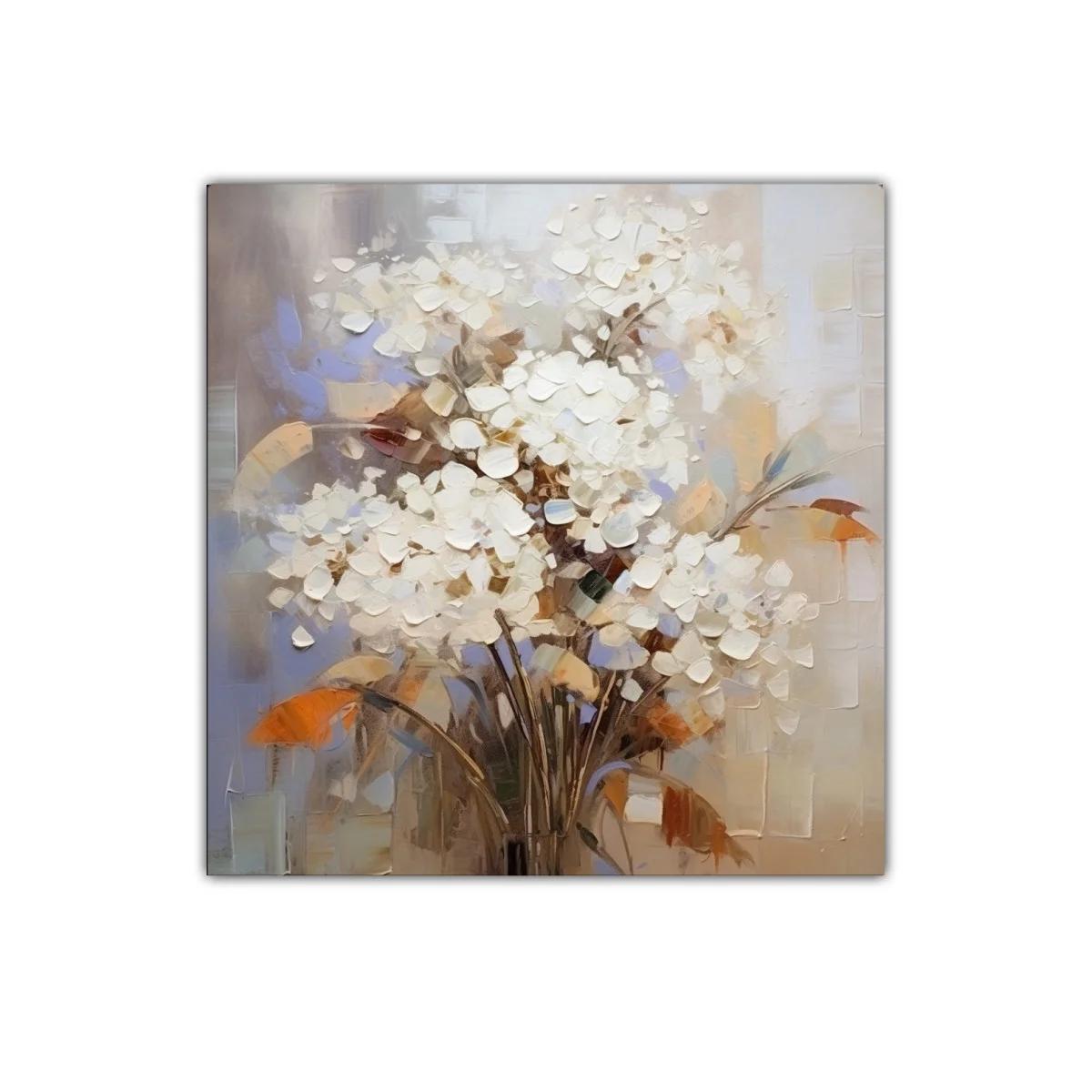 Cuadro decorativo con ramo de flores blancas y toques cálidos