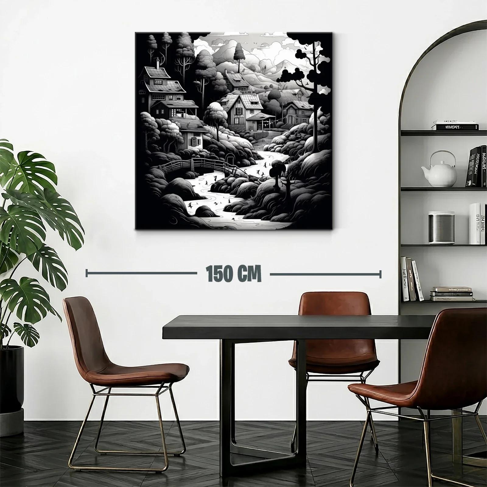 Paisaje rural en blanco y negro con casas y río serpenteante — miniatura 2
