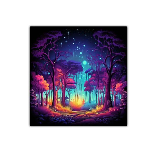 Bosque mágico iluminado con colores vibrantes y estrellas